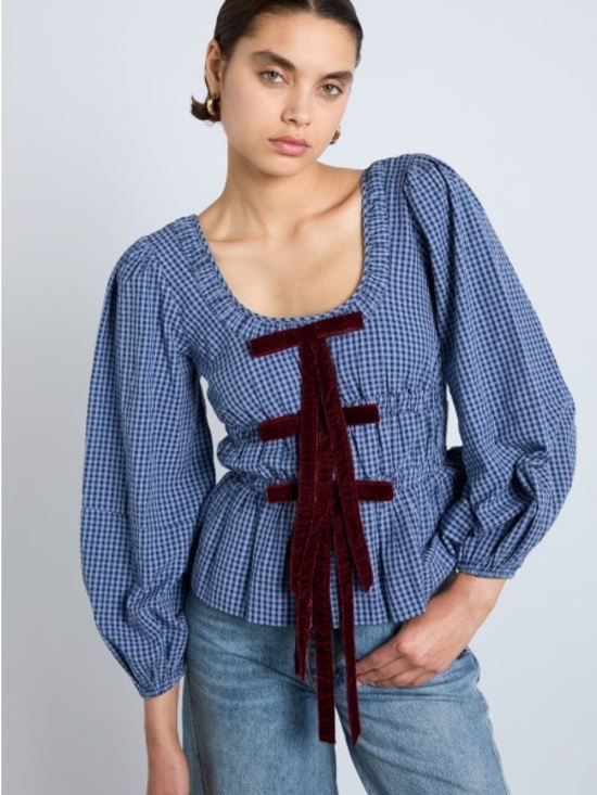 Damson Madder Tops - Damson Madder Dakota Top Blue Gingham Puff-Sleeve Blouse Burgundy Velvet Ties